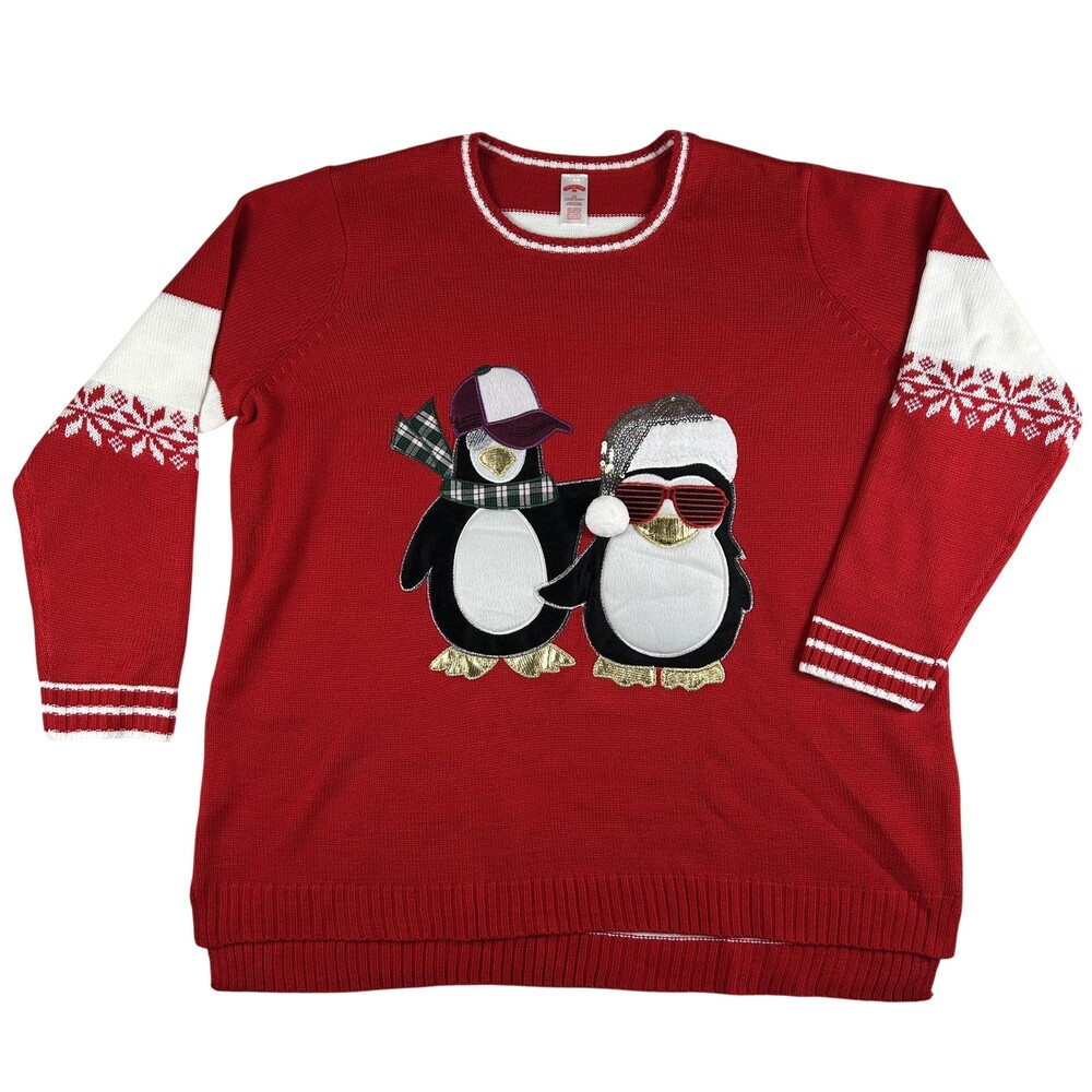 Holiday Time Sweater Womens 3X Red Penguin Christmas Striped Sequin Pullover